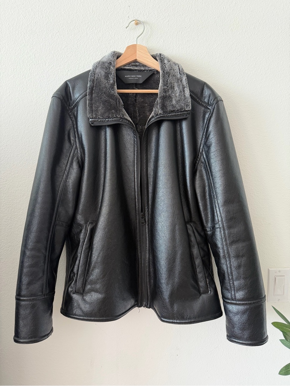 Marc New York Black Leather Jacket with Gray Faux-Shearling Collar